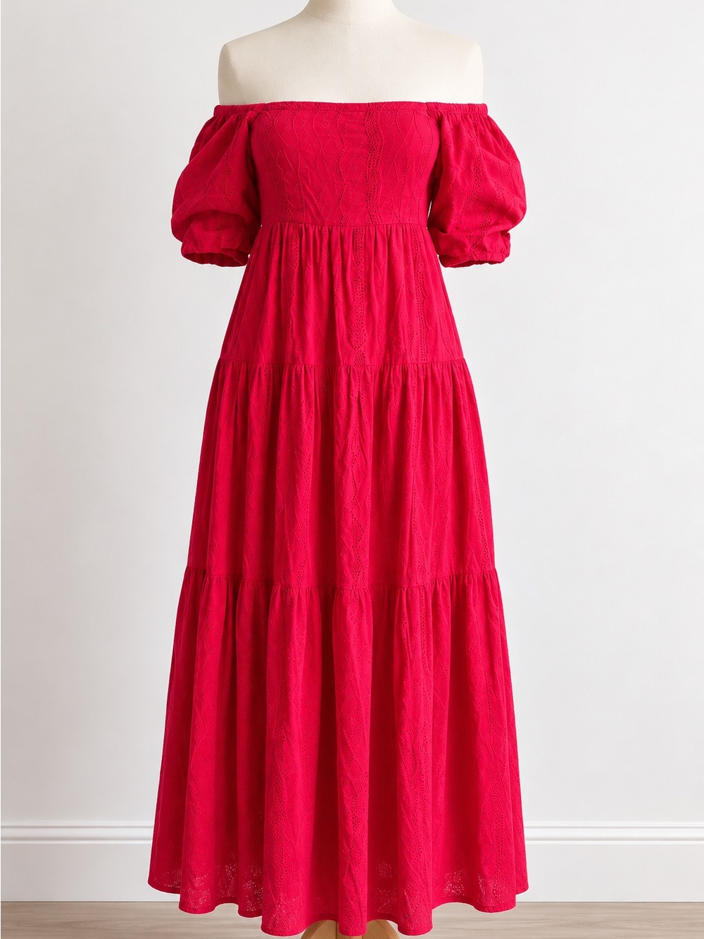 Off-Shoulder Tiered Maxi Dress in Bright Pink